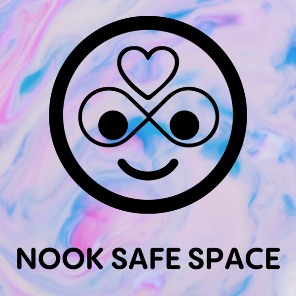 NOOK Safe Space logo: a smiling face with an infinity-symbol eyes and a heart, on a pink and blue marbled background